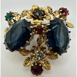 Unsigned Austria 1950s vintage gold tone multicolor rhinestones floral brooch